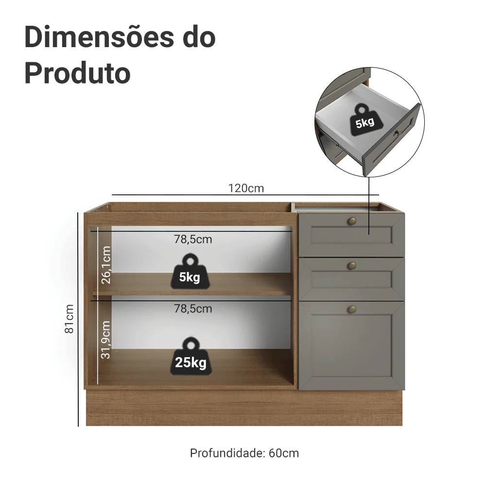 Balcão de Pia 120 x 60 cm 2 Portas 3 Gavetas (Sem Tampo) Rustic/Cinza Vik Madesa - Image 2