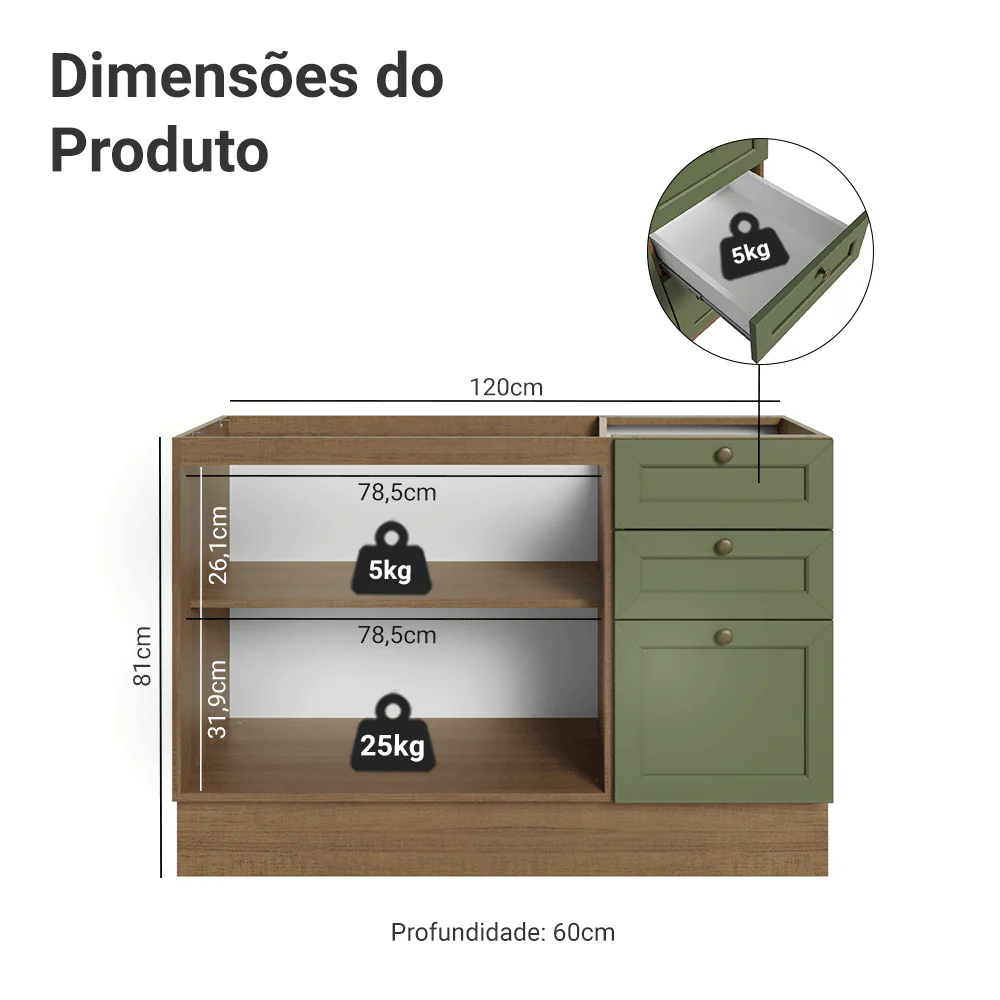 Balcão de Pia 120 x 60 cm 2 Portas 3 Gavetas (Sem Tampo) Rustic/Verde Vik Madesa - Image 2