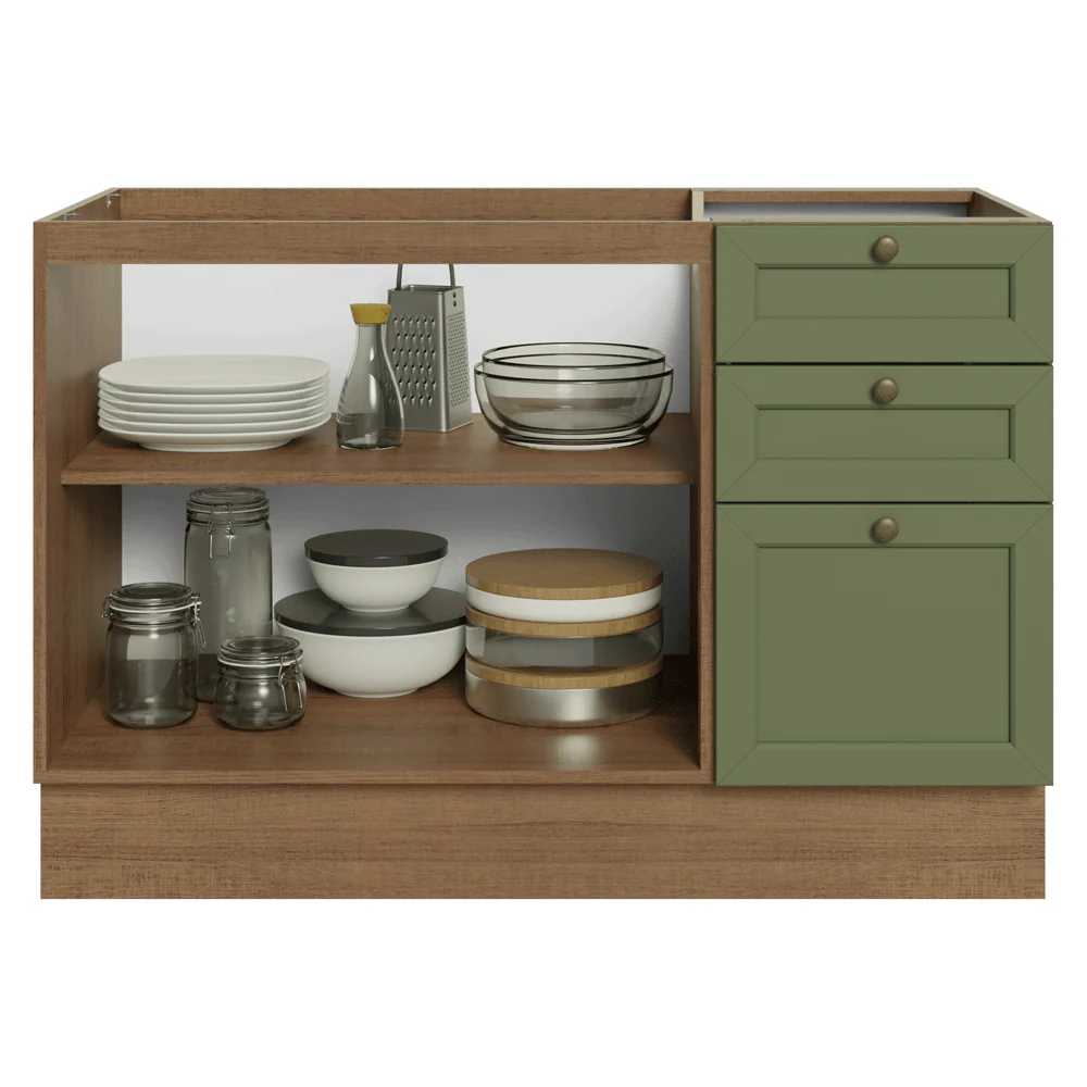 Balcão de Pia 120 x 60 cm 2 Portas 3 Gavetas (Sem Tampo) Rustic/Verde Vik Madesa - Image 4