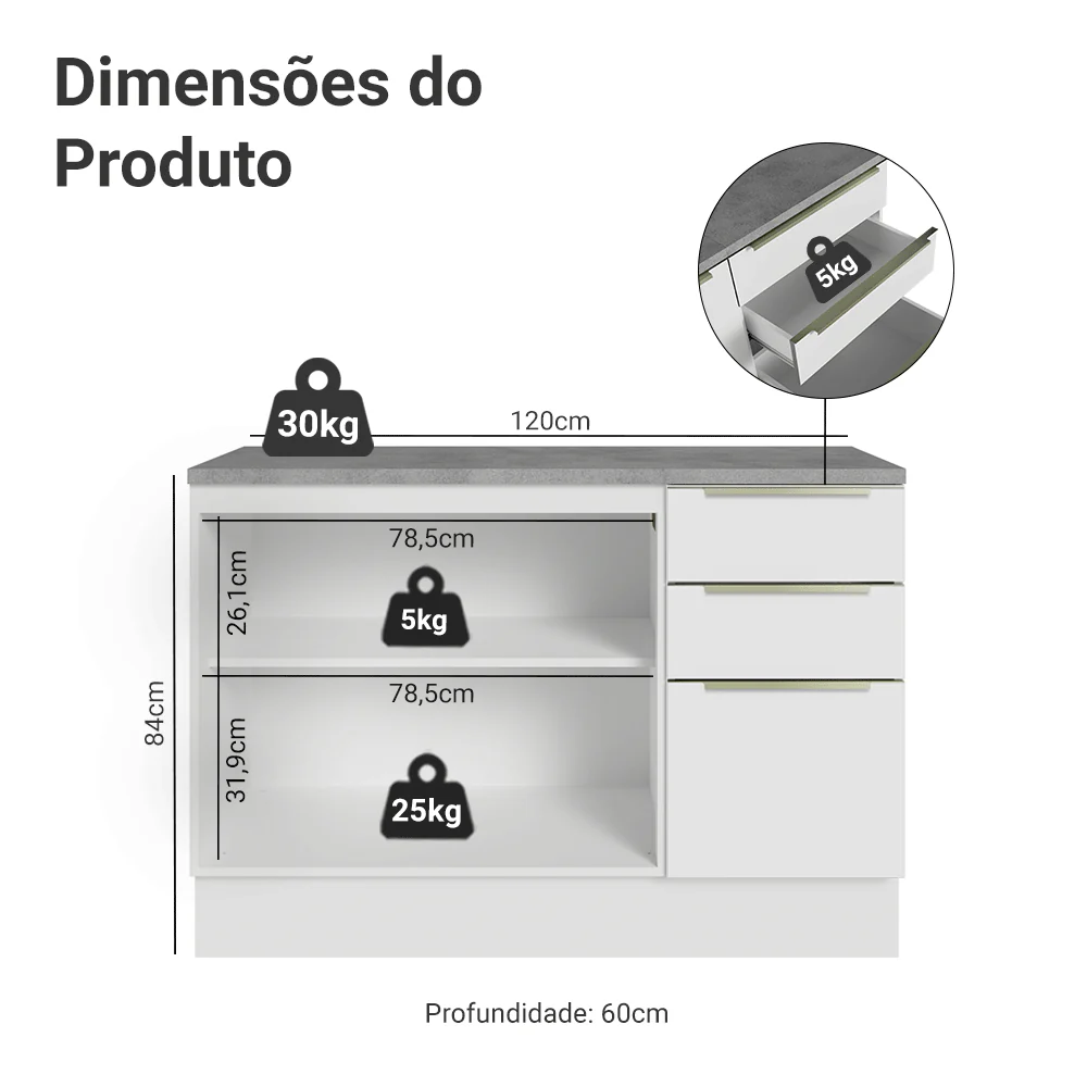 Balcão de Cozinha 120 x 60 cm 2 Portas 3 Gavetas (Com Tampo) Branco/Branco Veludo Lux Madesa - Image 2