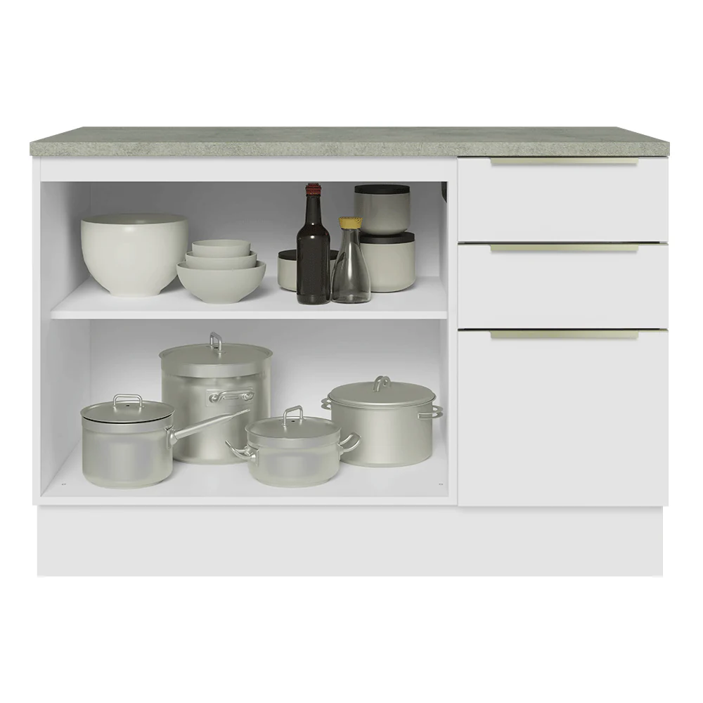 Balcão de Cozinha 120 x 60 cm 2 Portas 3 Gavetas (Com Tampo) Branco/Branco Veludo Lux Madesa - Image 4