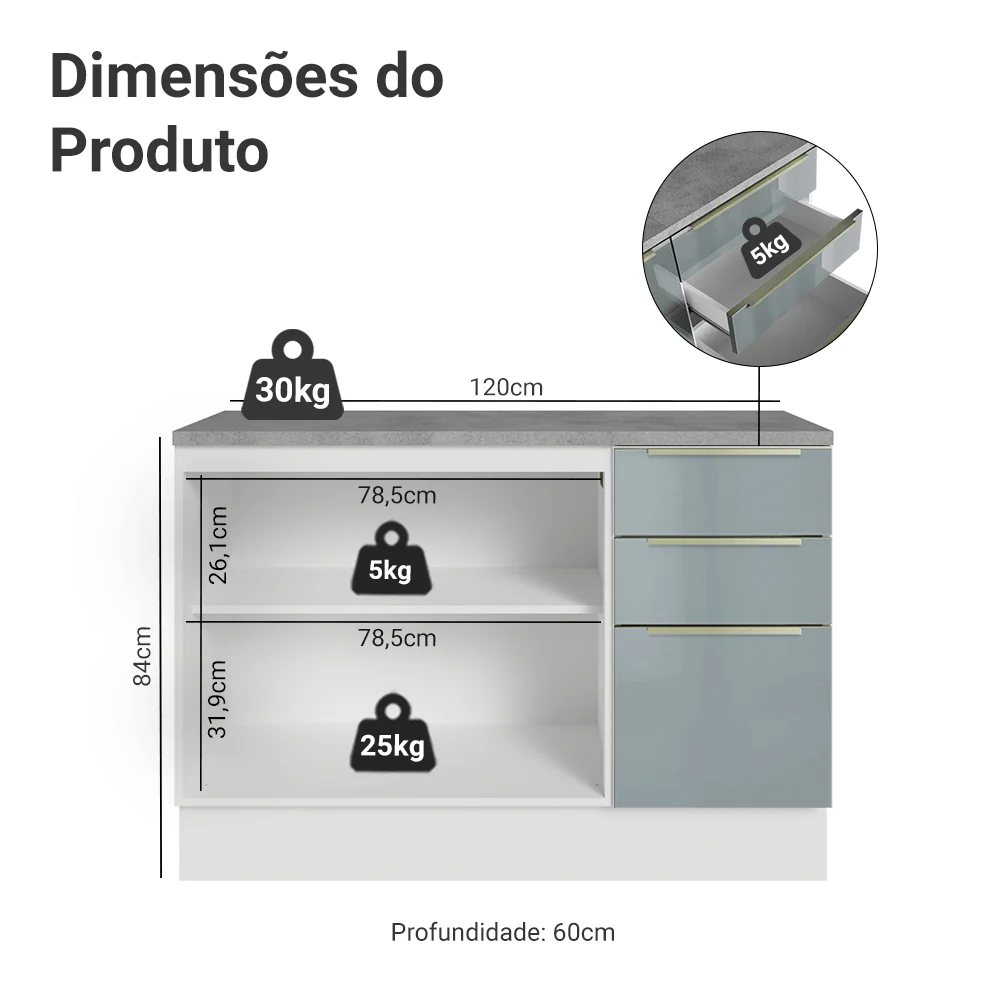 Balcão de Cozinha 120 x 60 cm 2 Portas 3 Gavetas (Com Tampo) Branco/Cinza Lux Madesa - Image 2