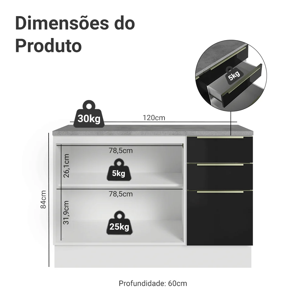 Balcão de Cozinha 120 x 60 cm 2 Portas 3 Gavetas (Com Tampo) Branco/Preto Lux Madesa - Image 2
