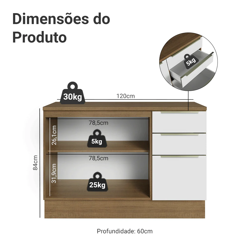 Balcão de Cozinha 120 x 60 cm 2 Portas 3 Gavetas (Com Tampo) Rustic/Branco Veludo Lux Madesa - Image 2