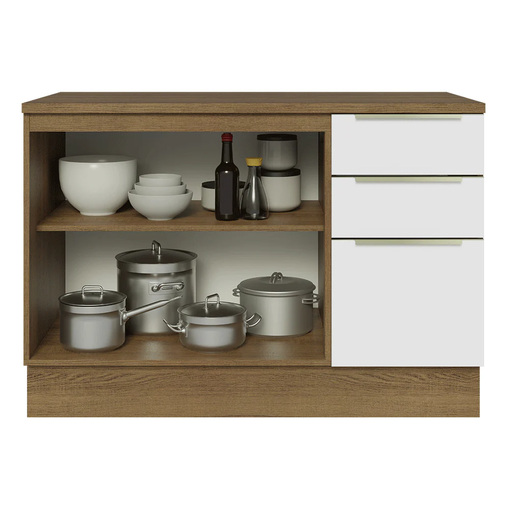Balcão de Cozinha 120 x 60 cm 2 Portas 3 Gavetas (Com Tampo) Rustic/Branco Veludo Lux Madesa - Image 4