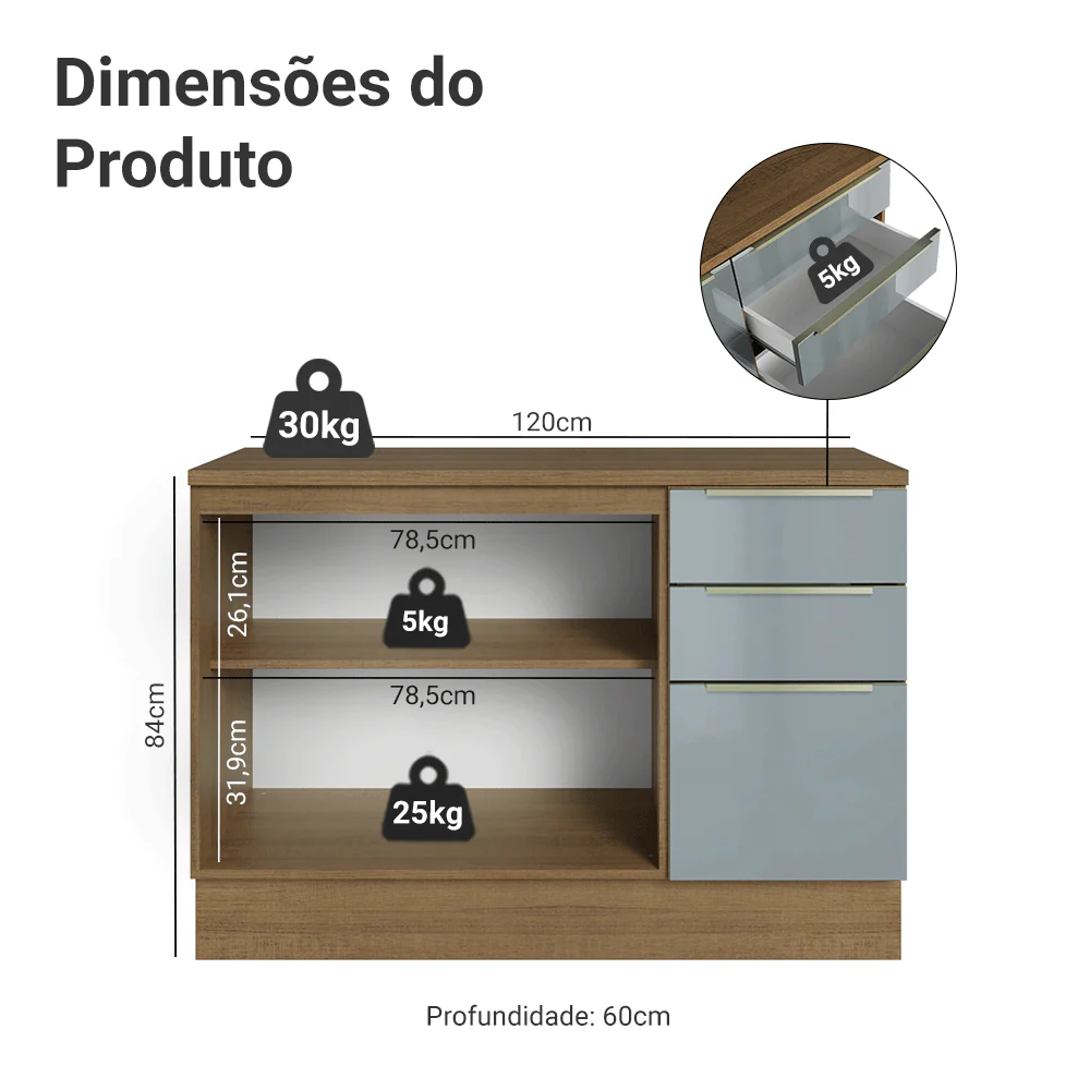 Balcão de Cozinha 120 x 60 cm 2 Portas 3 Gavetas (Com Tampo) Rustic/Cinza Lux Madesa - Image 2