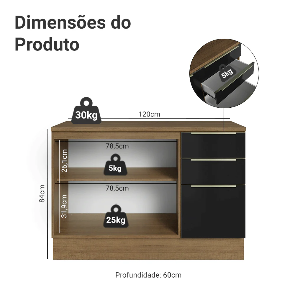 Balcão de Cozinha 120 x 60 cm 2 Portas 3 Gavetas (Com Tampo) Rustic/Preto Lux Madesa - Image 2
