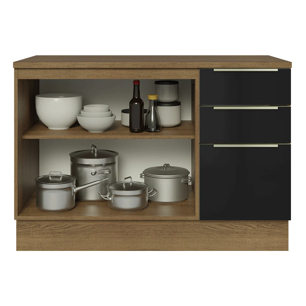 Balcão de Cozinha 120 x 60 cm 2 Portas 3 Gavetas (Com Tampo) Rustic/Preto Lux Madesa - Image 4