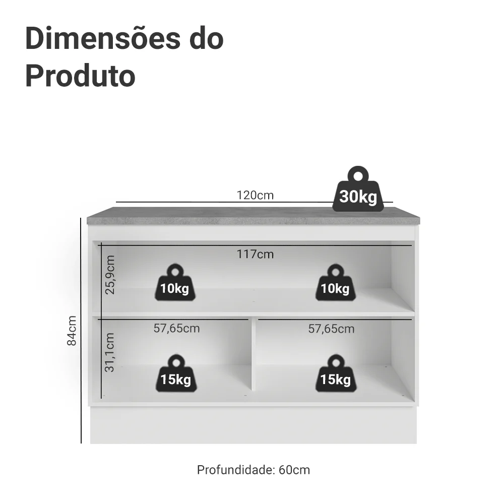 Balcão de Cozinha 120 x 60 cm 2 Portas (Com Tampo) Branco/Branco Veludo Lux Madesa - Image 2