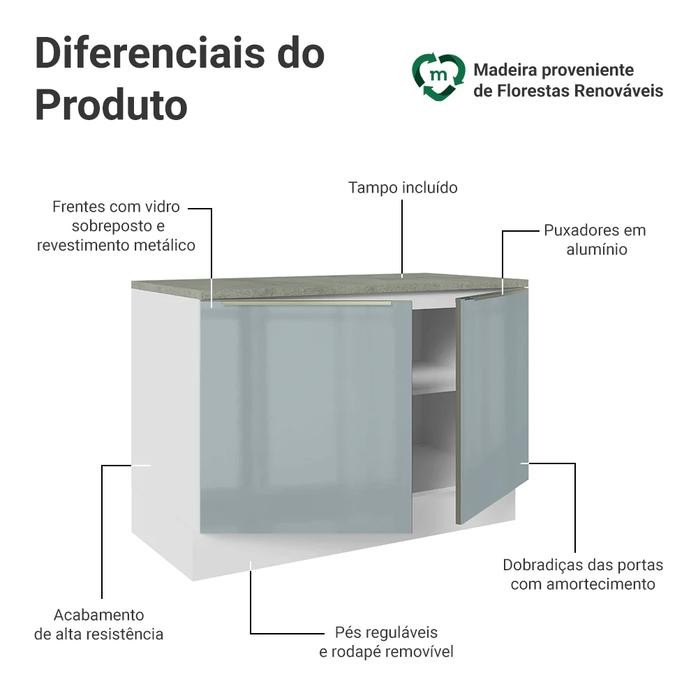 Balcão de Cozinha 120 x 60 cm 2 Portas (Com Tampo) Branco/Cinza Lux Madesa - Image 3