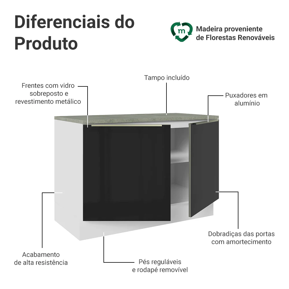 Balcão de Cozinha 120 x 60 cm 2 Portas (Com Tampo) Branco/Preto Lux Madesa - Image 3