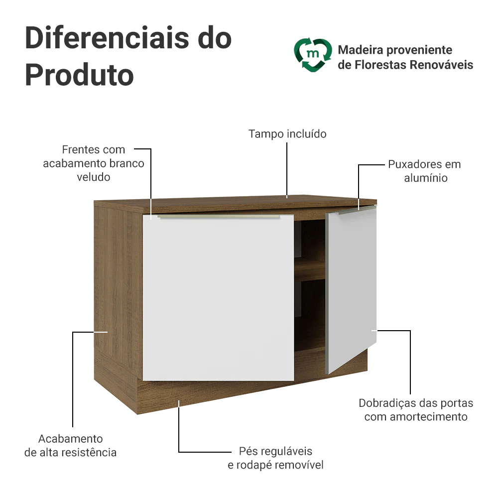 Balcão de Cozinha 120 x 60 cm 2 Portas (Com Tampo) Rustic/Branco Veludo Lux Madesa - Image 3