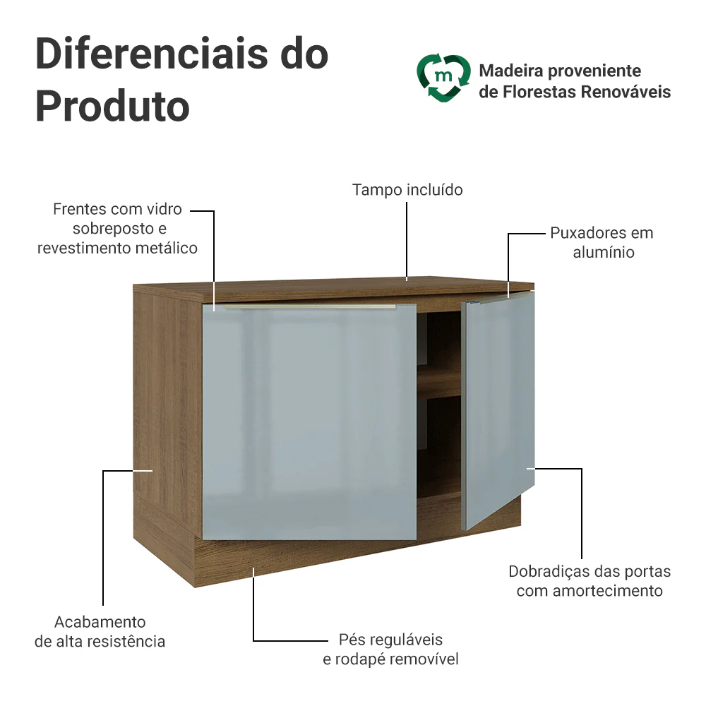 Balcão de Cozinha 120 x 60 cm 2 Portas (Com Tampo) Rustic/Cinza Lux Madesa - Image 3