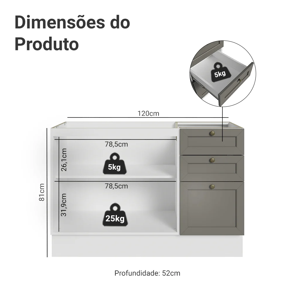 Balcão de Pia 120 cm 2 Portas 3 Gavetas (Sem Tampo) Branco/Cinza Vik Madesa - Image 2