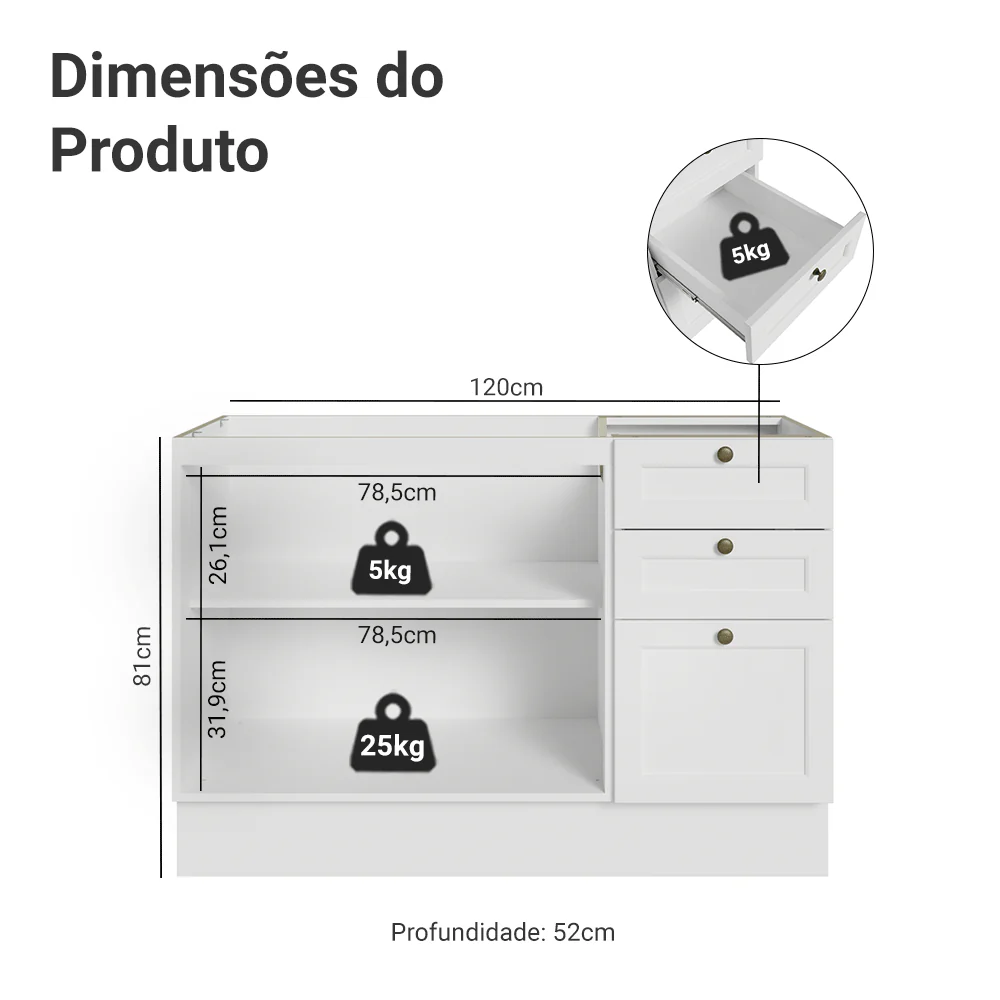 Balcão de Pia 120 cm 2 Portas 3 Gavetas (Sem Tampo) Branco Vik Madesa - Image 2