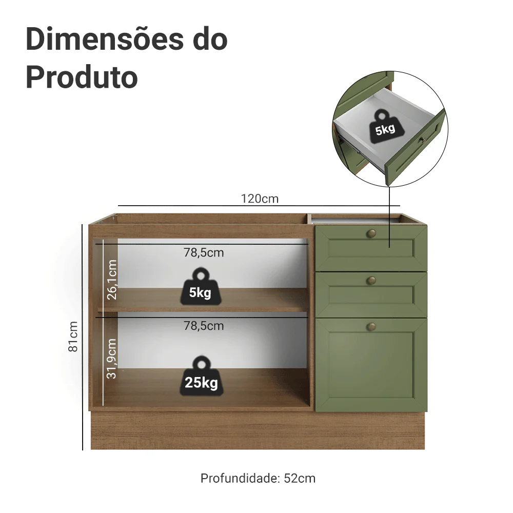 Balcão de Pia 120 cm 2 Portas 3 Gavetas (Sem Tampo) Rustic/Verde Vik Madesa - Image 2