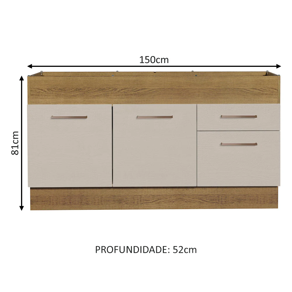 Balcão de Pia 150 cm 2 Portas e 2 Gavetas (Sem Tampo e Pia) Rustic/Crema Agata Madesa - Image 2