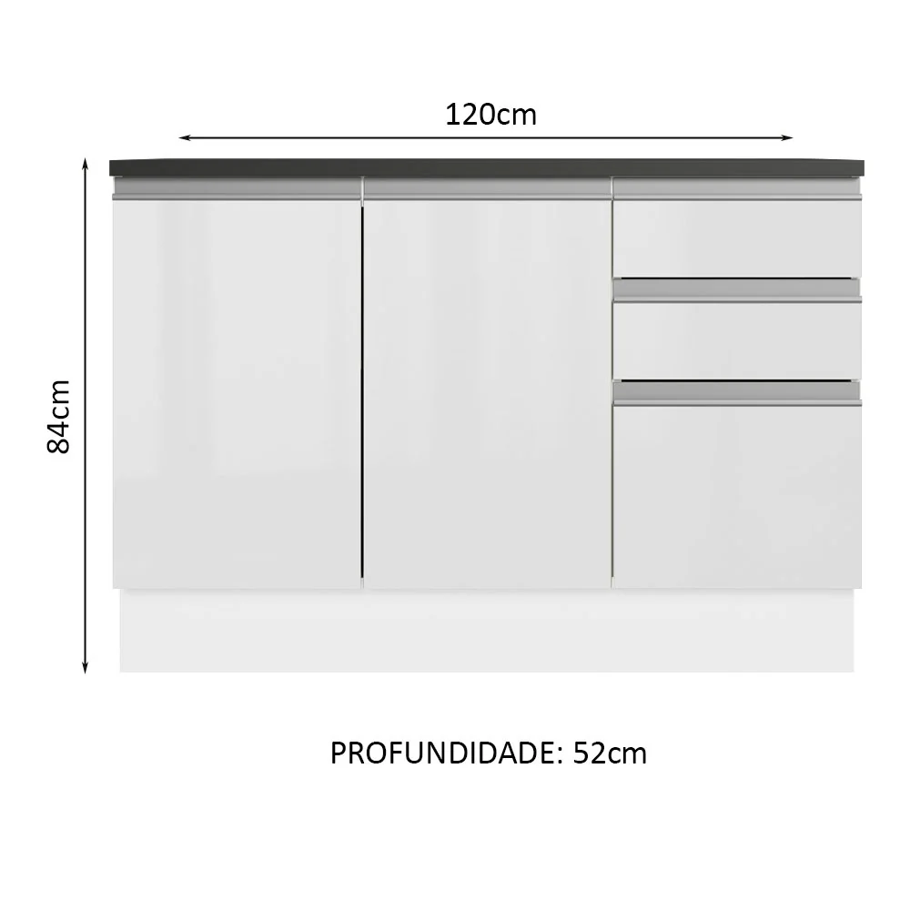 Balcão Cozinha 100% MDF 120 cm 3 Portas e 2 Gavetas Branco Acordes Madesa - Image 2