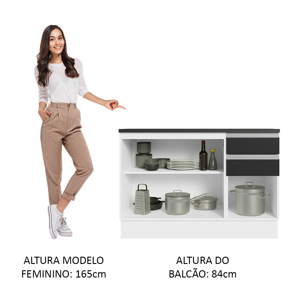 Balcão Cozinha 100% MDF 120 cm 3 Portas e 2 Gavetas Branco/Preto Acordes Madesa - Image 4