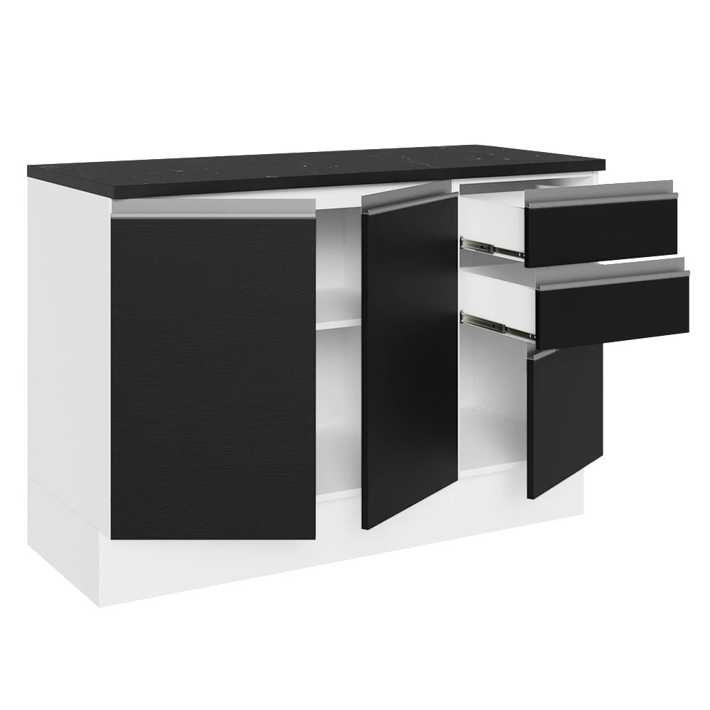 Balcão Cozinha 100% MDF 120 cm 3 Portas e 2 Gavetas Branco/Preto Acordes Madesa - Image 5