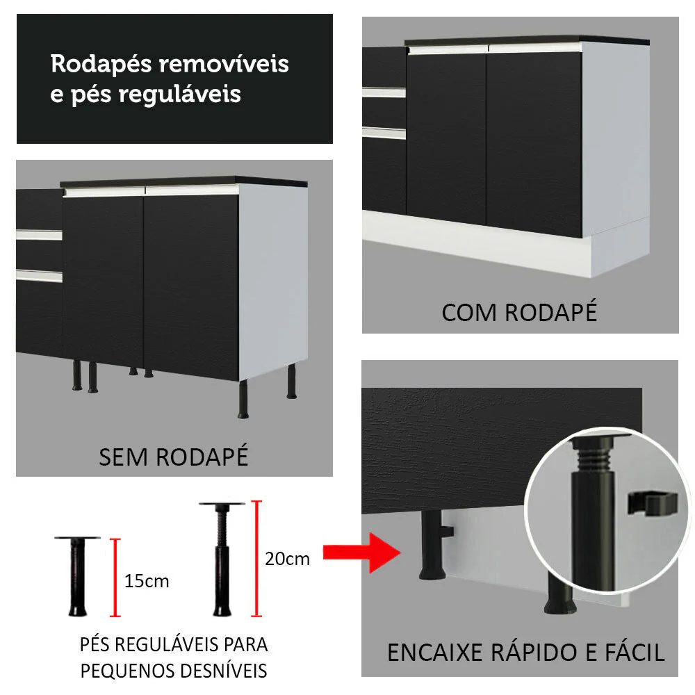 Balcão Cozinha 100% MDF 120 cm 3 Portas e 2 Gavetas Branco/Preto Acordes Madesa - Image 8
