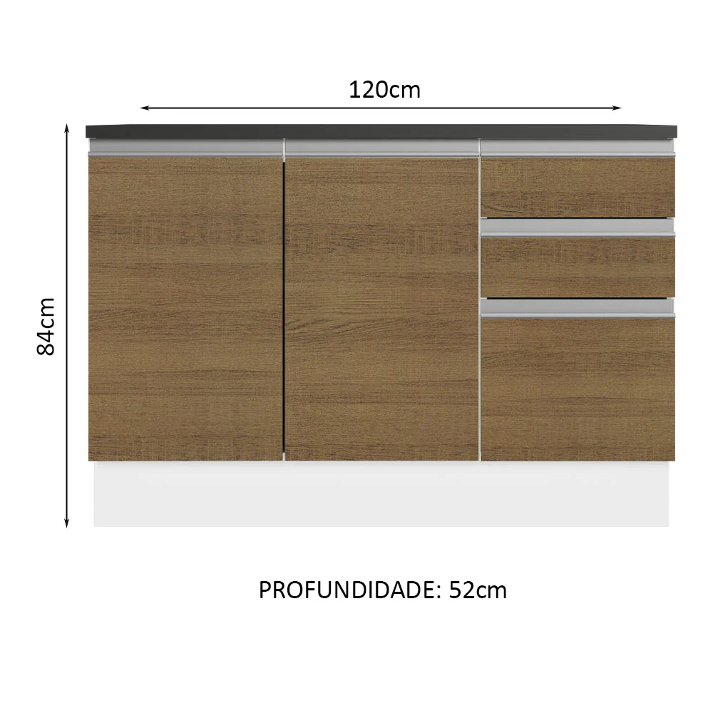 Balcão Cozinha 100% MDF 120 cm 3 Portas e 2 Gavetas Branco/Rustic Acordes Madesa - Image 2
