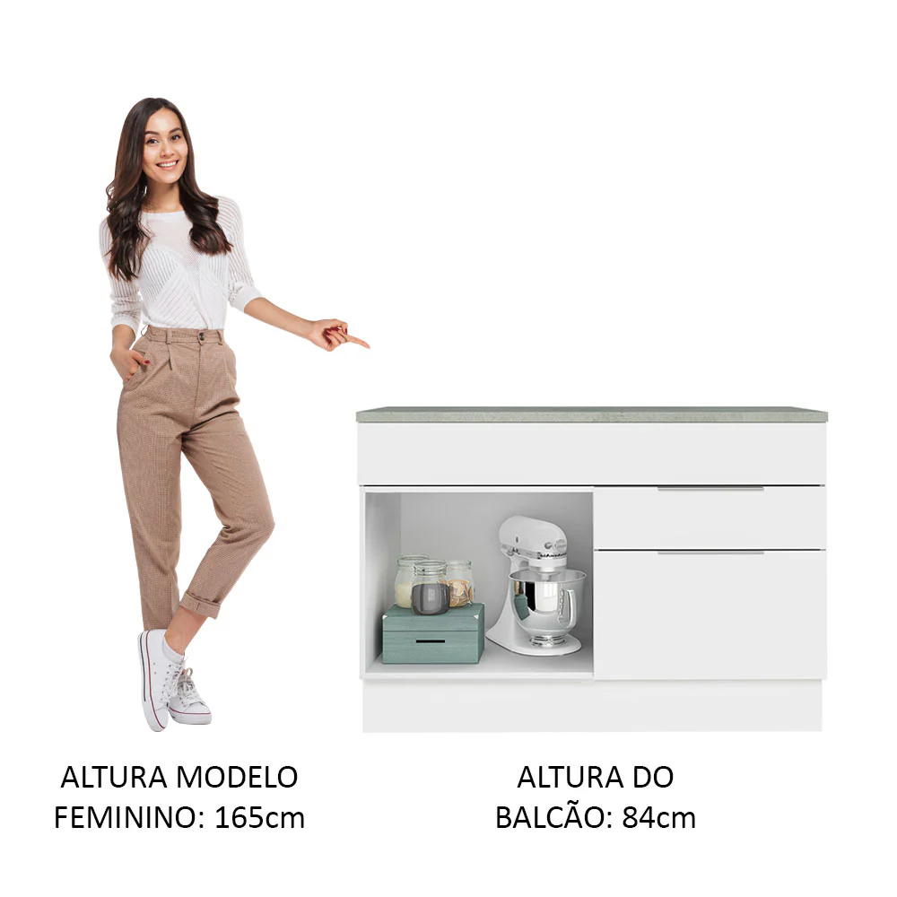 Balcão Cozinha 120 x 60 cm 1 Portas e 2 Gavetas (Com Tampo) Branco Stella Madesa - Image 5