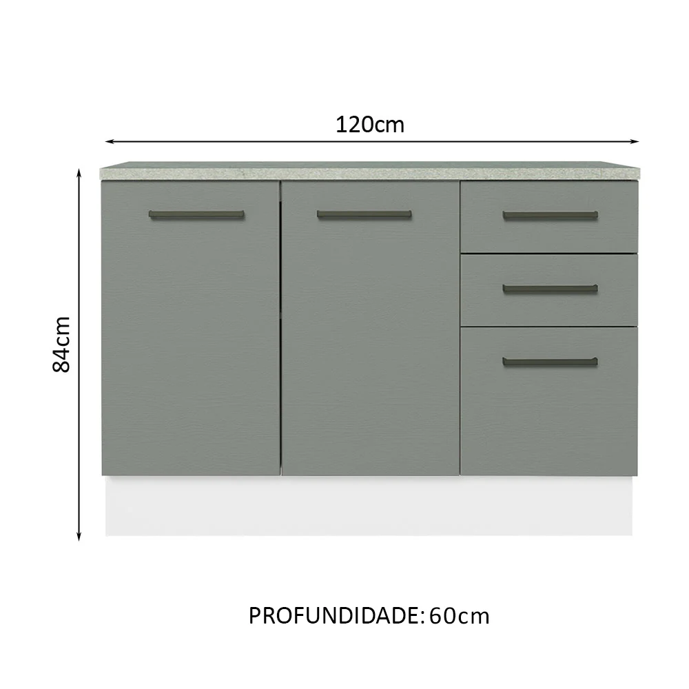 Balcão Cozinha 120 x 60 cm 2 Portas e 3 Gavetas (Com Tampo) Branco/Cinza Agata Madesa - Image 2