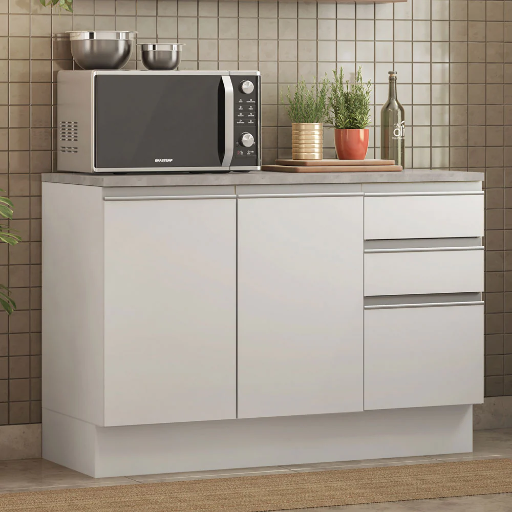 Balcão Cozinha 120 x 60 cm 2 Portas e 3 Gavetas (Com Tampo) Branco Glamy Madesa - Image 2