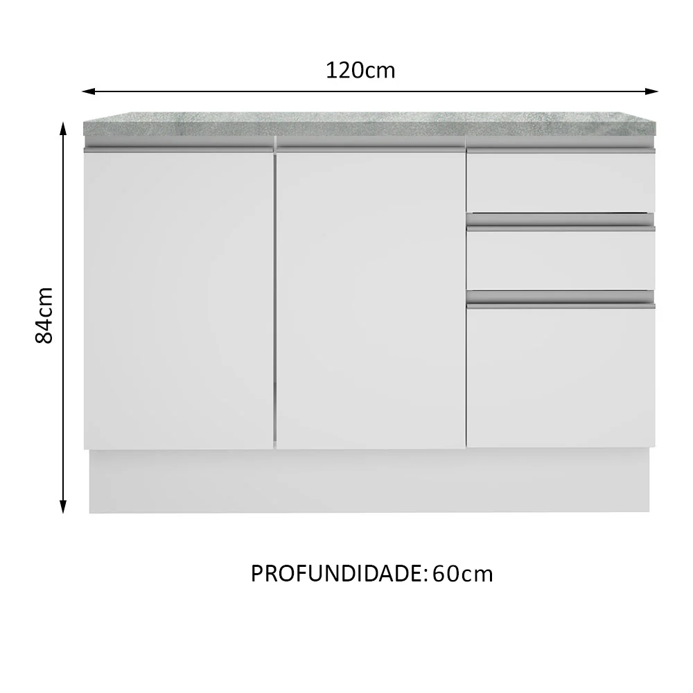 Balcão Cozinha 120 x 60 cm 2 Portas e 3 Gavetas (Com Tampo) Branco Glamy Madesa - Image 3