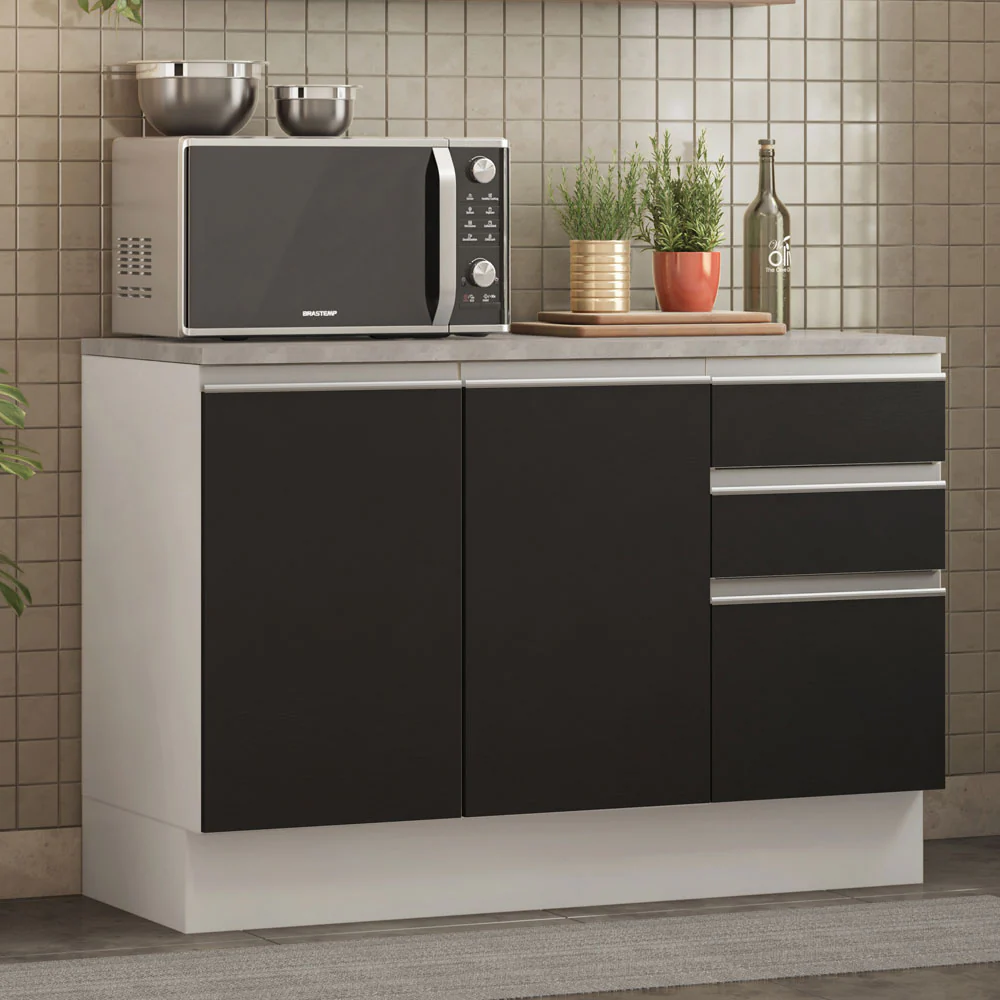 Balcão Cozinha 120 x 60 cm 2 Portas e 3 Gavetas (Com Tampo) Branco/Preto Glamy Madesa - Image 2