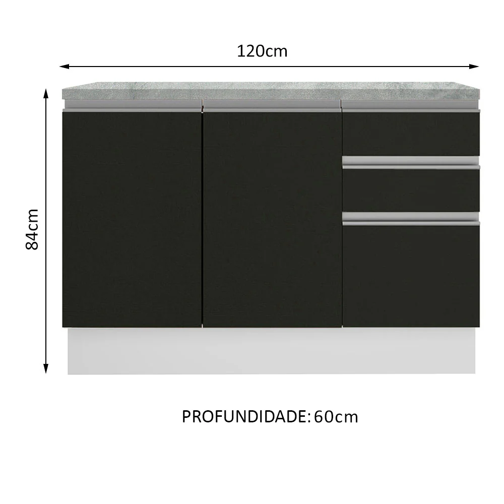 Balcão Cozinha 120 x 60 cm 2 Portas e 3 Gavetas (Com Tampo) Branco/Preto Glamy Madesa - Image 3