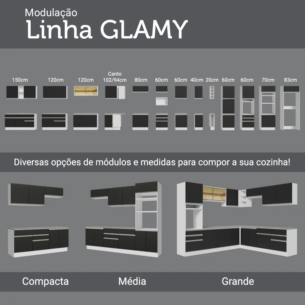 Balcão Cozinha 120 x 60 cm 2 Portas e 3 Gavetas (Com Tampo) Branco/Preto Glamy Madesa - Image 9