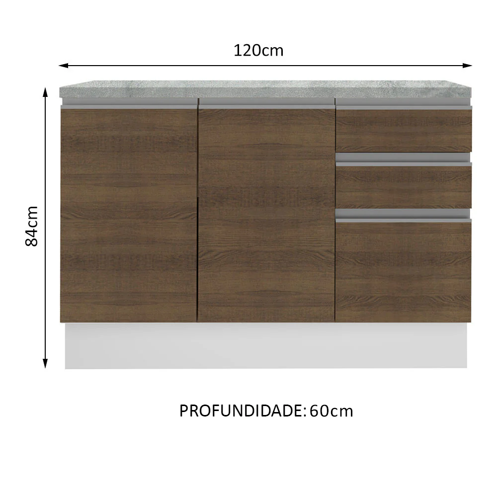 Balcão Cozinha 120 x 60 cm 2 Portas e 3 Gavetas (Com Tampo) Branco/Rustic Glamy Madesa - Image 3