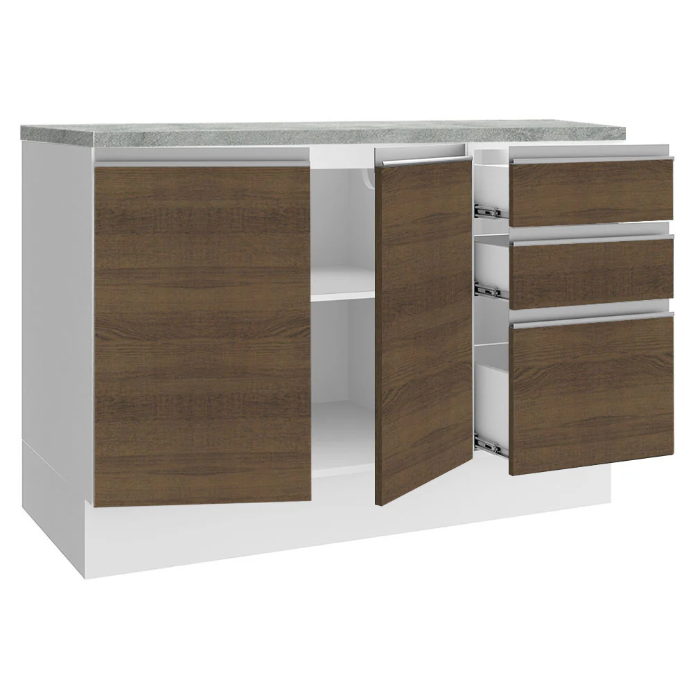 Balcão Cozinha 120 x 60 cm 2 Portas e 3 Gavetas (Com Tampo) Branco/Rustic Glamy Madesa - Image 4