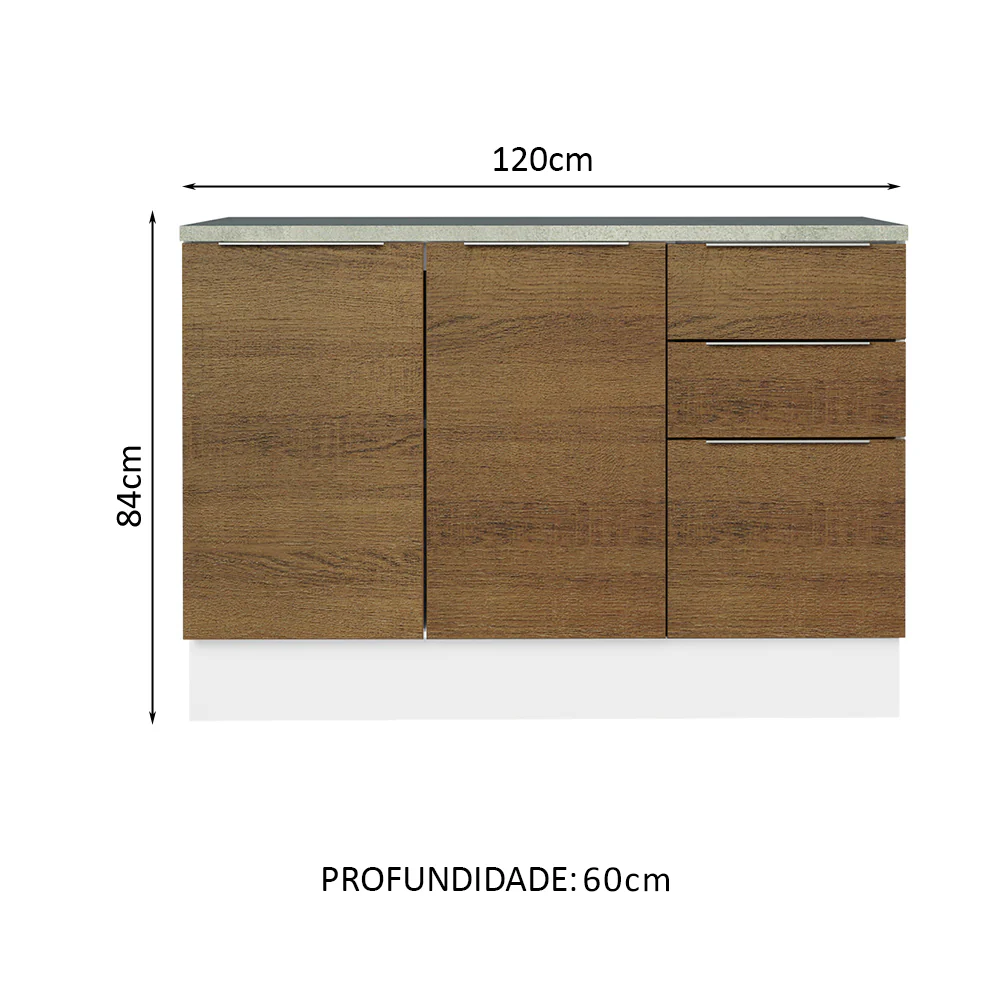 Balcão Cozinha 120 x 60 cm 2 Portas e 3 Gavetas (Com Tampo) Branco/Rustic Stella Madesa - Image 2