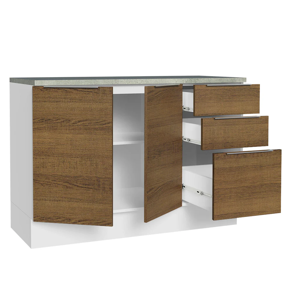Balcão Cozinha 120 x 60 cm 2 Portas e 3 Gavetas (Com Tampo) Branco/Rustic Stella Madesa - Image 4