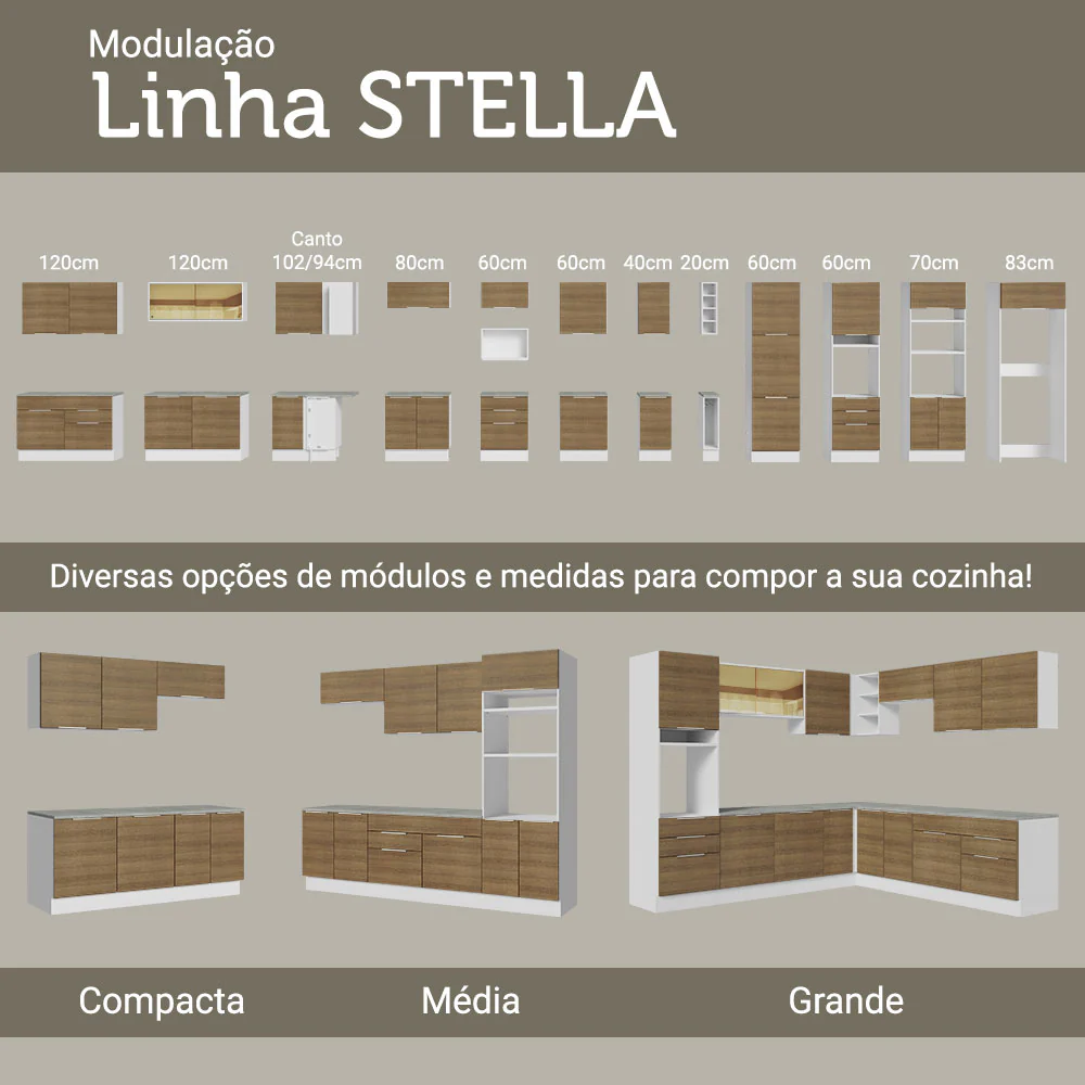 Balcão Cozinha 120 x 60 cm 2 Portas e 3 Gavetas (Com Tampo) Branco/Rustic Stella Madesa - Image 8