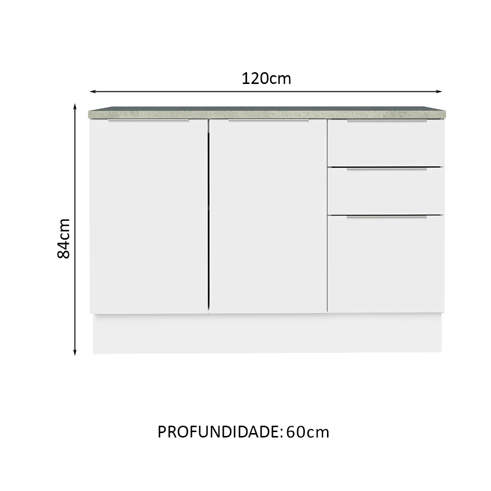 Balcão Cozinha 120 x 60 cm 2 Portas e 3 Gavetas (Com Tampo) Branco Stella Madesa - Image 2