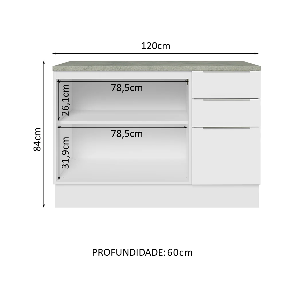 Balcão Cozinha 120 x 60 cm 2 Portas e 3 Gavetas (Com Tampo) Branco Stella Madesa - Image 3