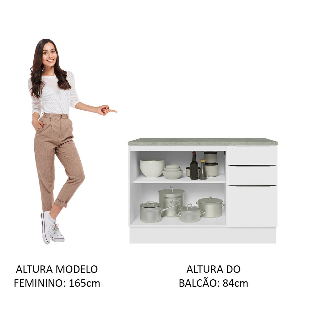 Balcão Cozinha 120 x 60 cm 2 Portas e 3 Gavetas (Com Tampo) Branco Stella Madesa - Image 6