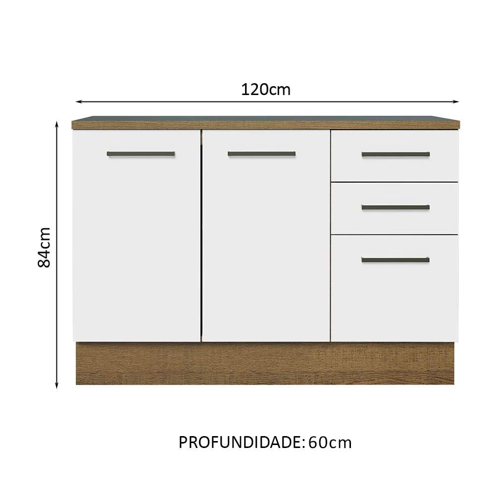 Balcão Cozinha 120 x 60 cm 2 Portas e 3 Gavetas (Com Tampo) Rustic/Branco Agata Madesa - Image 2