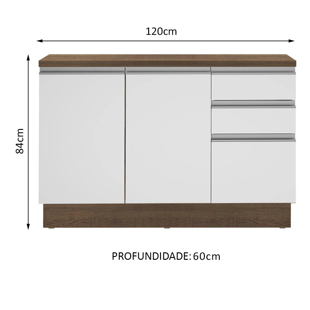 Balcão Cozinha 120 x 60 cm 2 Portas e 3 Gavetas (Com Tampo) Rustic/Branco Glamy Madesa - Image 3