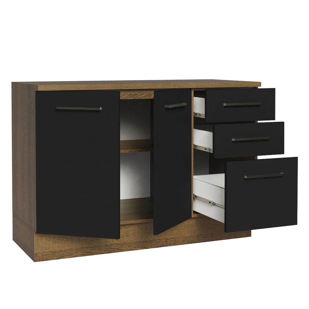 Balcão Cozinha 120 x 60 cm 2 Portas e 3 Gavetas (Com Tampo) Rustic/Preto Agata Madesa - Image 4