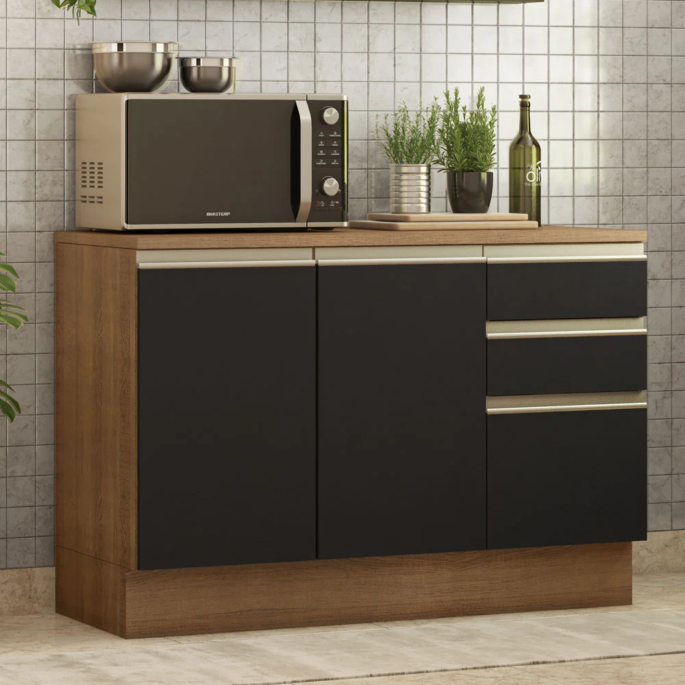 Balcão Cozinha 120 x 60 cm 2 Portas e 3 Gavetas (Com Tampo) Rustic/Preto Glamy Madesa - Image 2