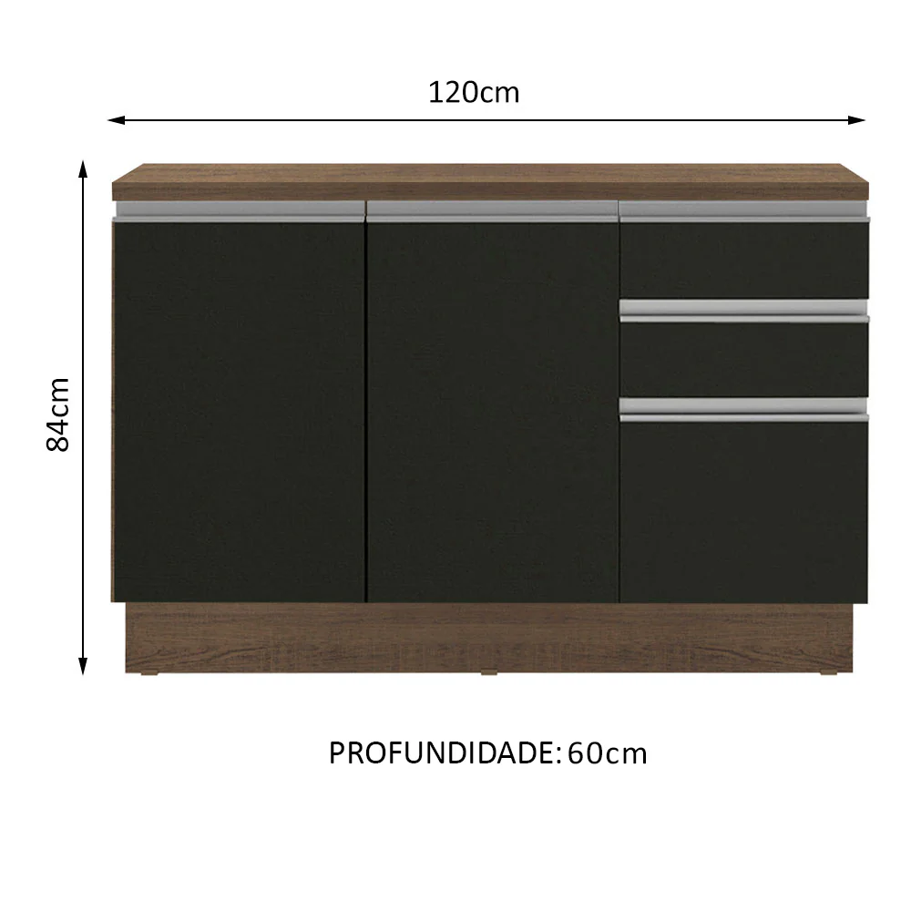 Balcão Cozinha 120 x 60 cm 2 Portas e 3 Gavetas (Com Tampo) Rustic/Preto Glamy Madesa - Image 3