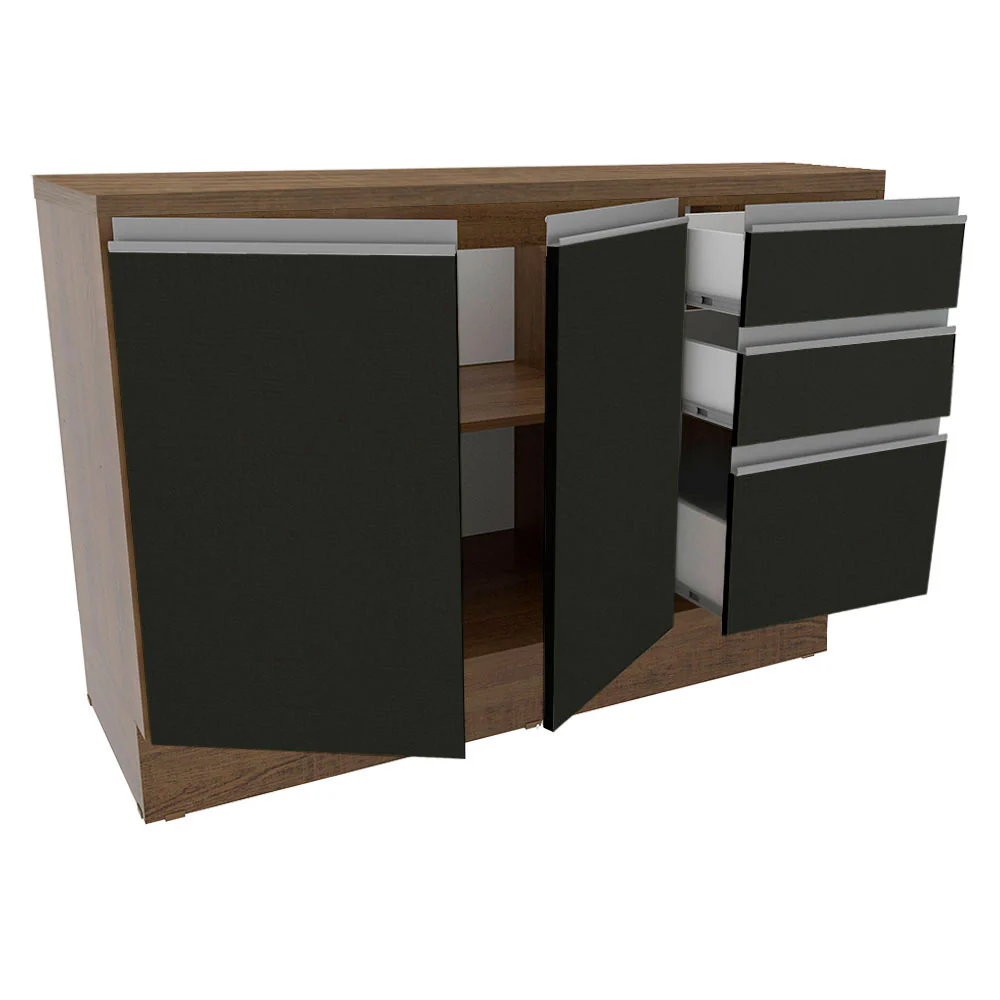 Balcão Cozinha 120 x 60 cm 2 Portas e 3 Gavetas (Com Tampo) Rustic/Preto Glamy Madesa - Image 4