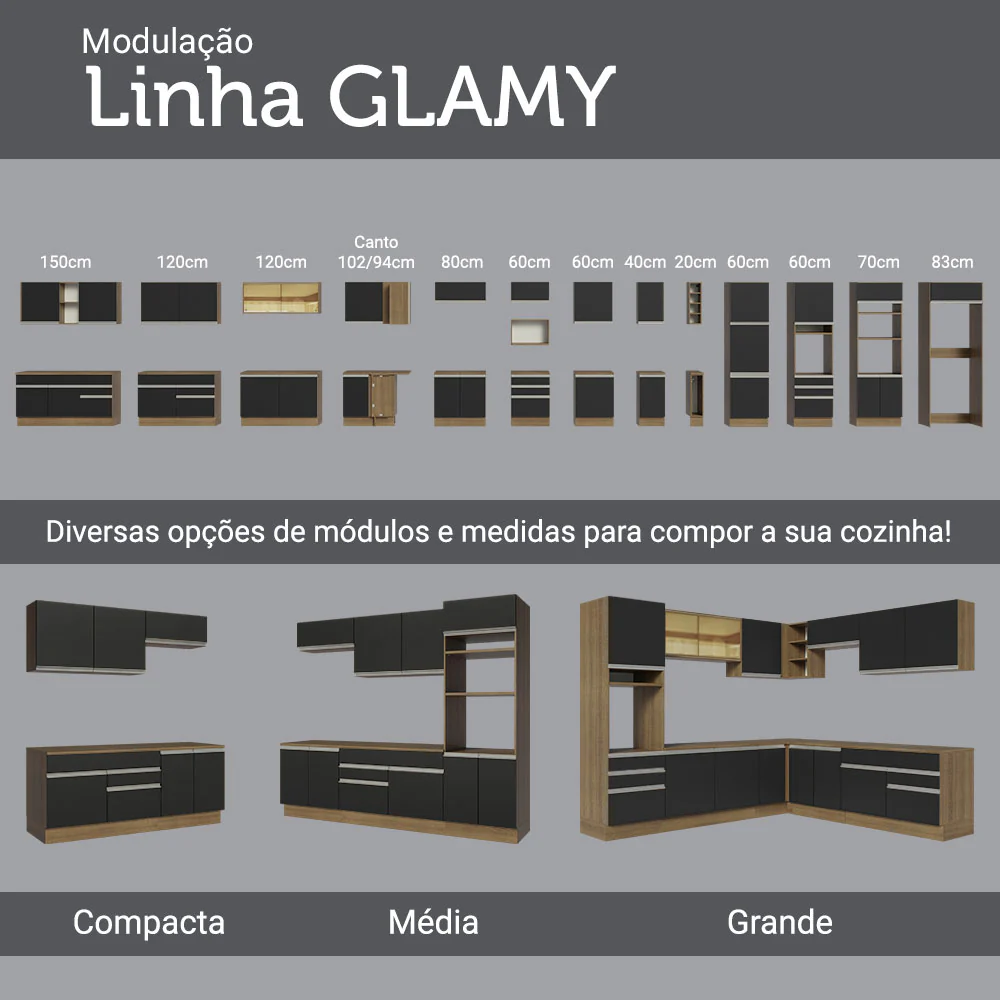 Balcão Cozinha 120 x 60 cm 2 Portas e 3 Gavetas (Com Tampo) Rustic/Preto Glamy Madesa - Image 9