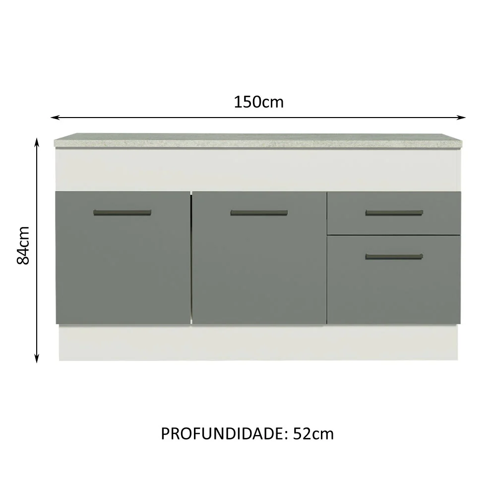 Balcão Madesa Agata 150 cm 2 Portas e 2 Gavetas (Com Tampo) Branco/Cinza - Image 3