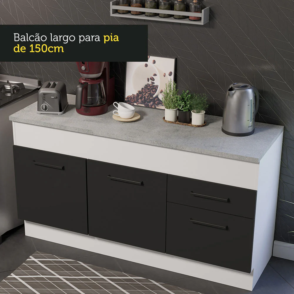 Balcão Madesa Agata 150 cm 2 Portas e 2 Gavetas (Com Tampo) Branco/Preto - Image 7